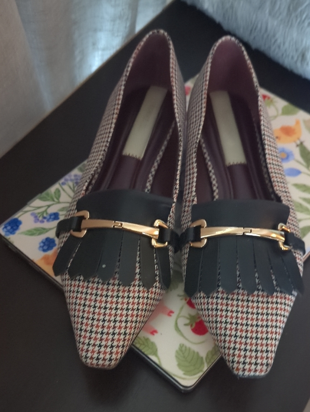 Franco Sarto Plaid Pointed-Toe Fringe Loafers in Black and Cream